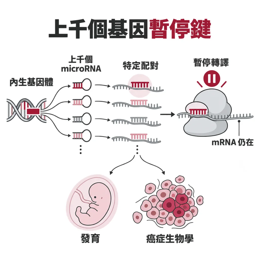 人類帶有上千個 microRNA 基因,各自貼住特定 mRNA,就像上千個不同的暫停鍵,研究延伸到發育與癌症生物學