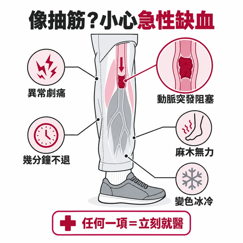 腿部動脈突然被堵住時,痛起來很像抽筋;抽得異常劇烈、超過幾分鐘不放鬆、腳麻無力、腳變色變冰,出現任何一個就要立刻就醫