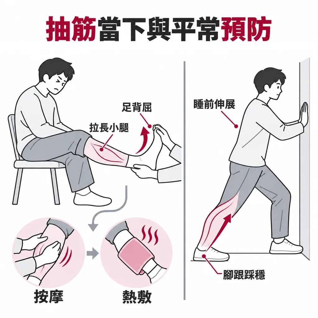 抽筋當下把腳板往上扳讓腳趾朝向膝蓋,拉長縮緊的小腿肌肉,再按摩與熱敷;平常睡前面牆做一輪小腿伸展來預防