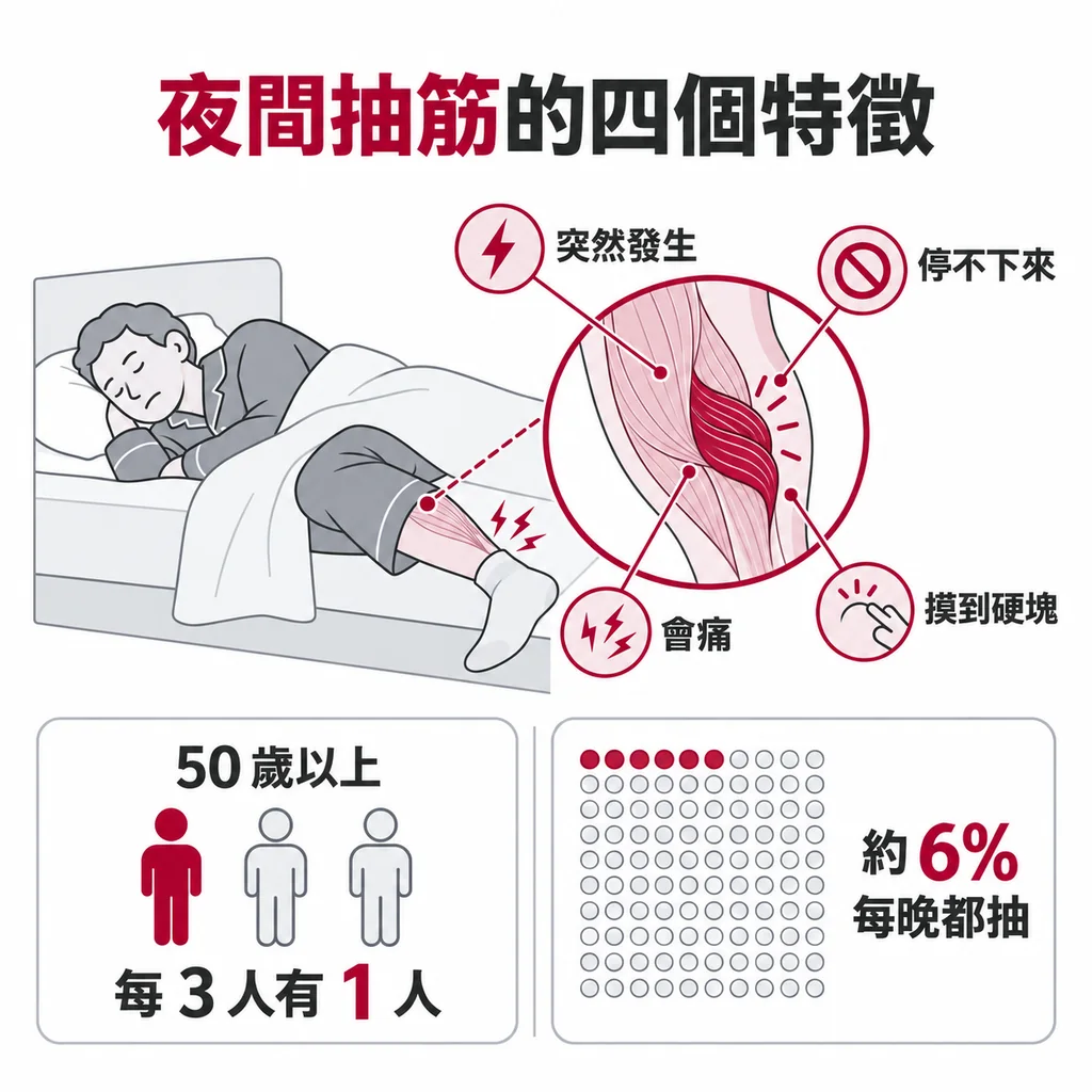 夜間抽筋有四個特徵:突然發生、停不下來、會痛、肌肉摸得到硬塊;50 歲以上每 3 人有 1 人會發生,約 6% 每晚都抽