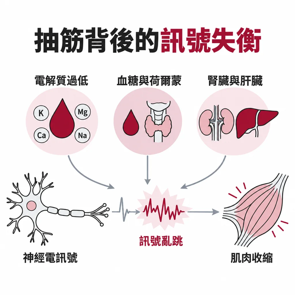 神經靠電訊號叫肌肉收縮,血中鉀、鎂、鈣、鈉太低,或血糖、甲狀腺、腎臟、肝臟出問題,訊號線都可能亂跳而引發抽筋