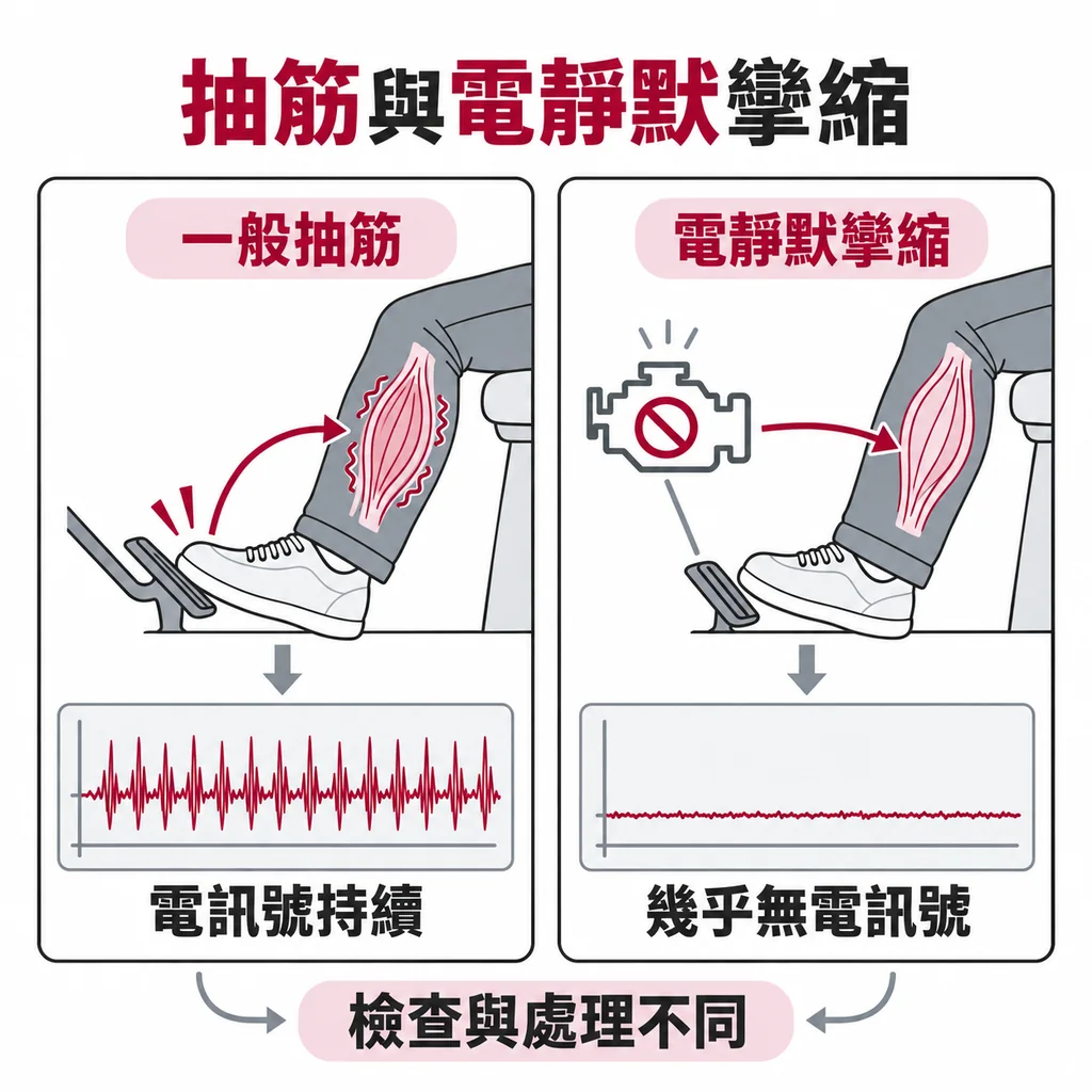 一般抽筋像油門被踩住放不開,肌肉電訊號持續;代謝性肌肉疾病的電靜默攣縮則像引擎熄火後卡死,儀器測不到電訊號
