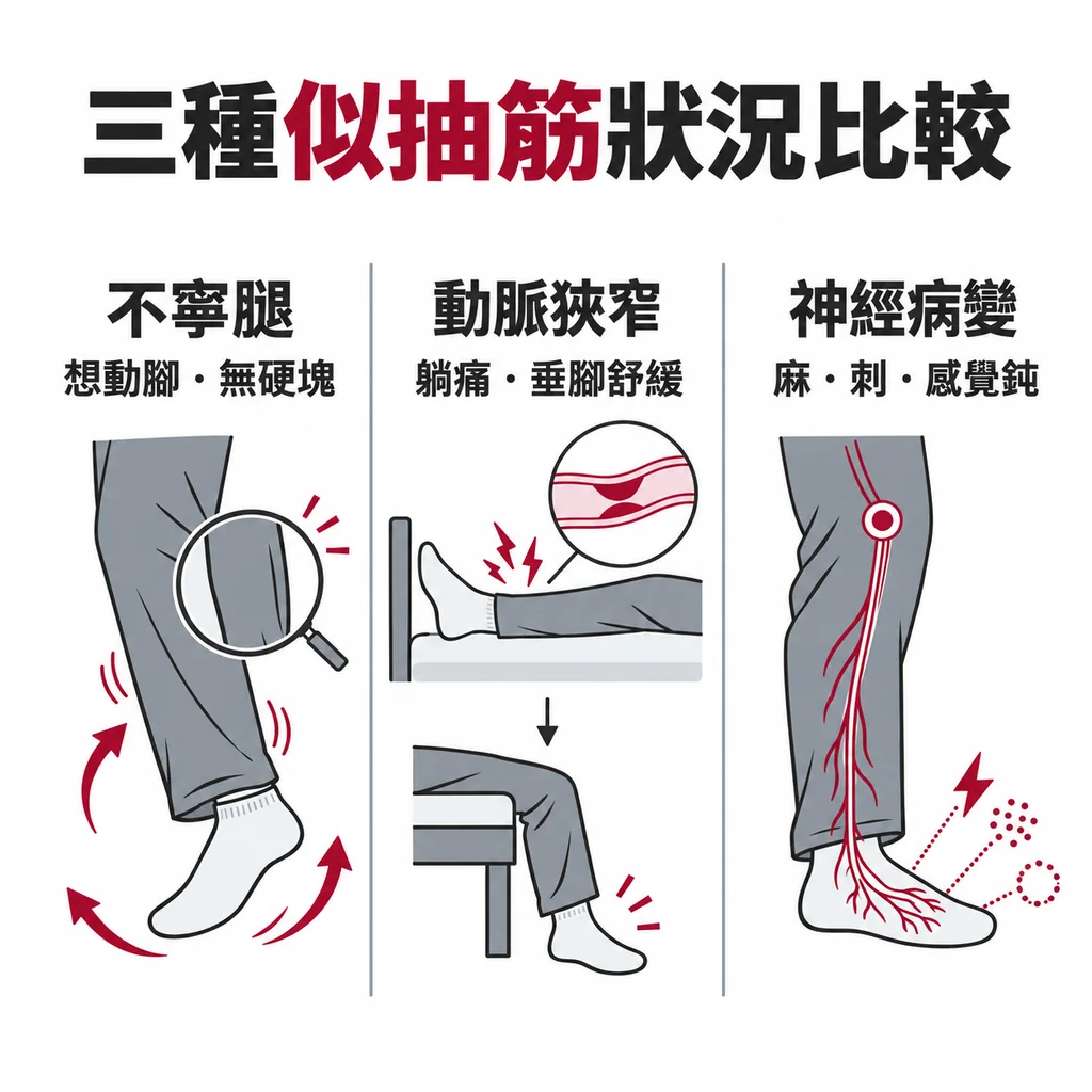 三種長得像抽筋的狀況比較:不寧腿是一直想動腳、摸不到硬塊;動脈狹窄是躺平痛、垂腳舒服;神經病變常伴隨麻與刺