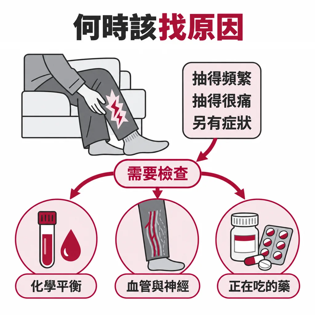 抽得頻繁、很痛或有別的症狀就要找原因,檢查方向分成三條線:血液裡的化學平衡、腿部的血管與神經、正在吃的藥