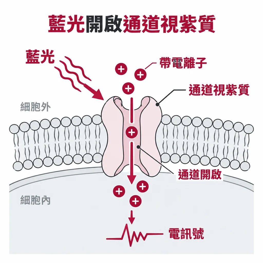 綠藻細胞膜上的通道視紫質是一扇會被光打開的門,藍光一照門就打開,帶電離子湧進細胞,產生電訊號