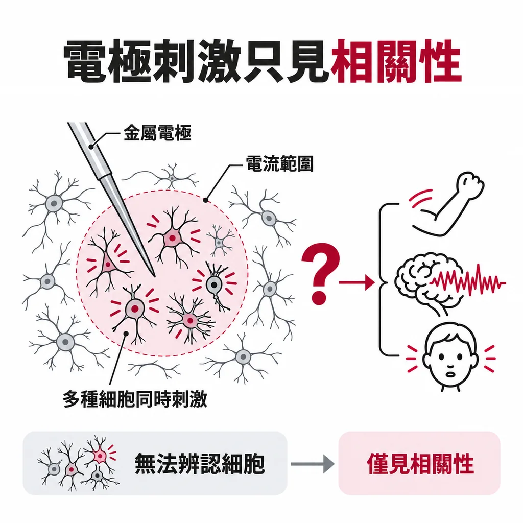 電極通電時,針尖附近的神經細胞會一起被刺激,分不出是哪一種細胞造成行為,研究只能看到相關性