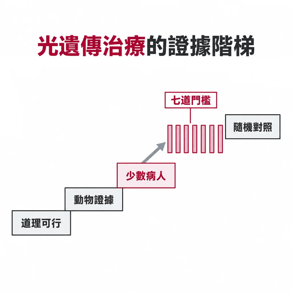 證據階梯從「道理上說得通」到「隨機比較確定有效」,光遺傳治療目前停在「少數病人身上試過」這一階