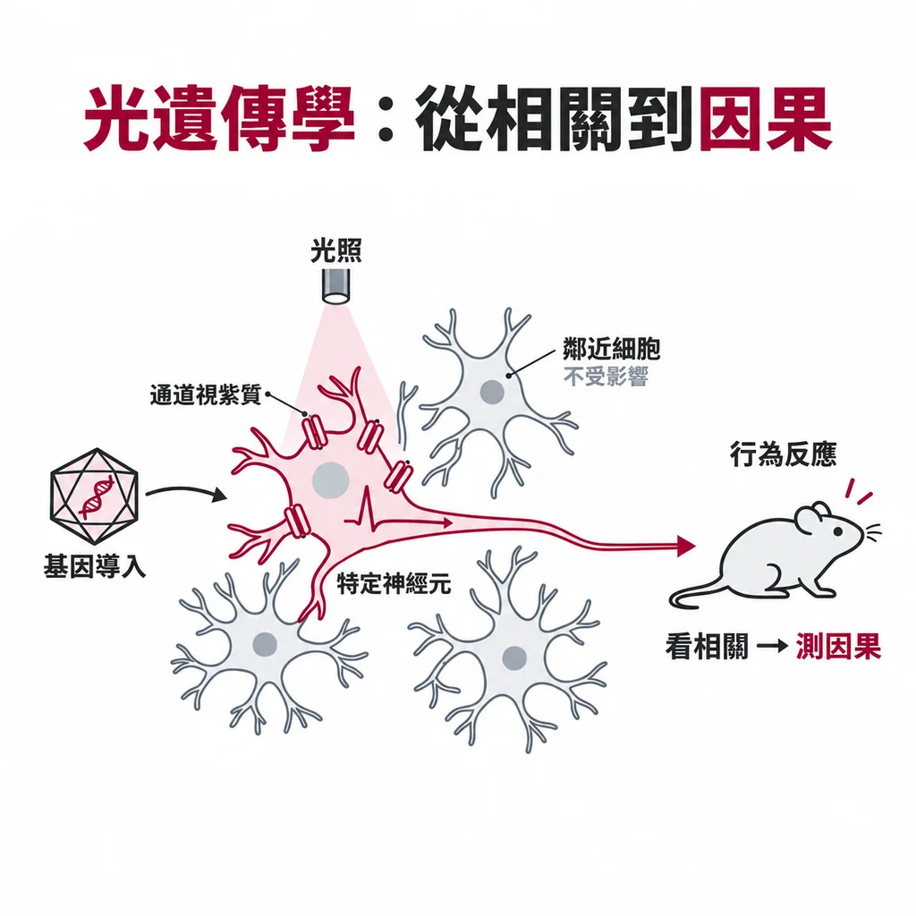 用基因方法讓特定神經細胞做出通道視紫質,光照時只有這群細胞發出訊號,旁邊的細胞不受影響,研究從看相關變成測因果