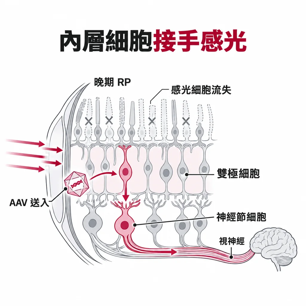 視網膜色素病變晚期感光細胞流失,但雙極細胞與神經節細胞仍活著,光遺傳治療把感光蛋白裝到這兩層,由它們接手感光