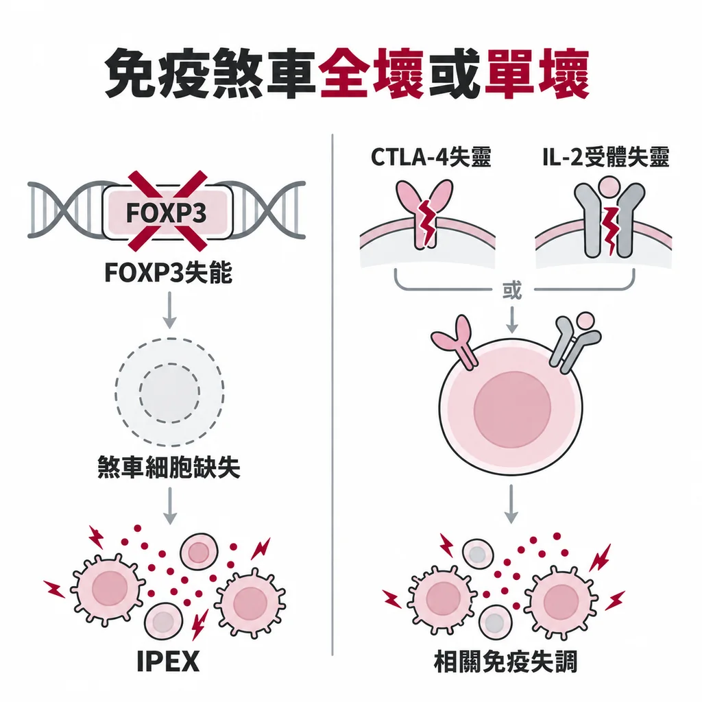 FOXP3 整個失去功能造成 IPEX,只壞 CTLA-4 或 IL-2 受體等單一零件,煞車細胞還在但某一招失靈,也會造成免疫失調