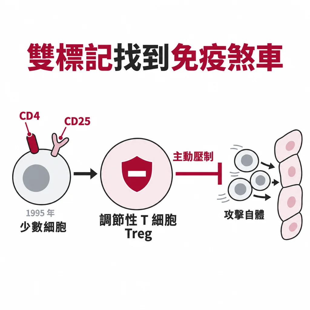 1995 年 Sakaguchi 以 CD4 與 CD25 兩張名牌找到少數調節性 T 細胞,它們專門壓制攻擊自己組織的免疫反應