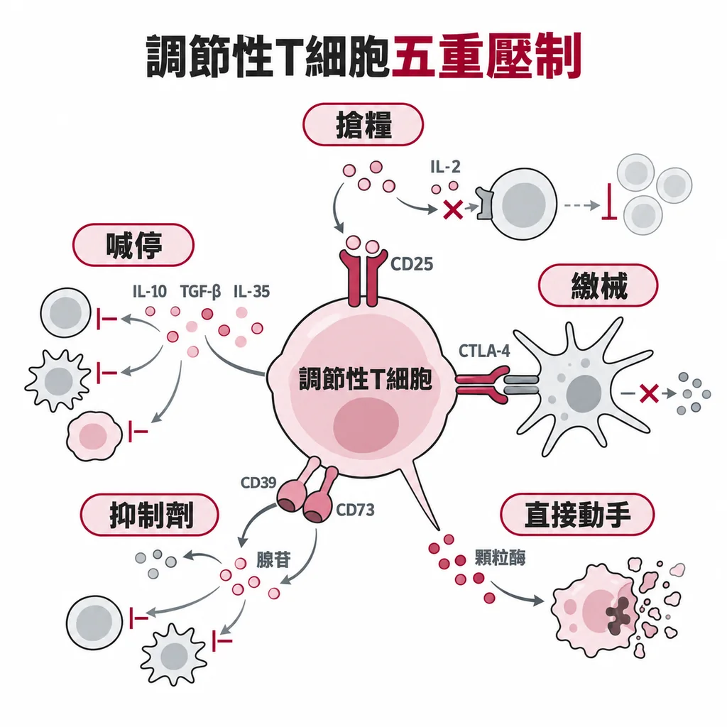 調節性 T 細胞五種壓制手段:用 CD25 搶走 IL-2、分泌 IL-10 等訊號喊停、CTLA-4 繳械、CD39 與 CD73 製造腺苷、顆粒酶直接動手