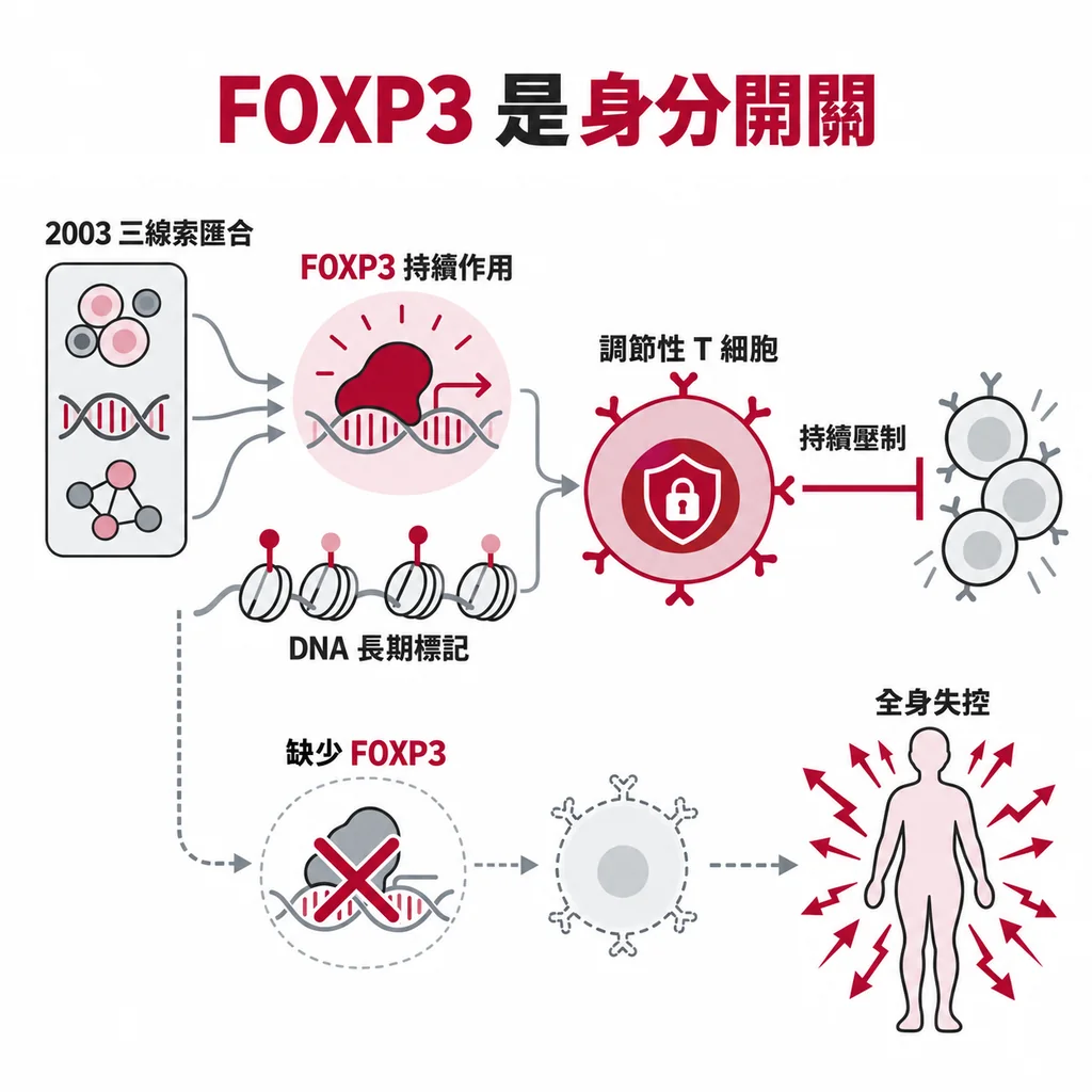 2003 年三間實驗室把三條線索接起來,證明 FOXP3 是打造調節性 T 細胞的開關,少了它煞車細胞就做不出來