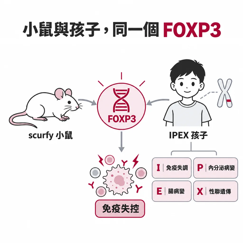 scurfy 小鼠與 IPEX 症候群孩子壞的是同一個 FOXP3 基因,IPEX 四個字母分別代表免疫失調、內分泌病變、腸病變與性聯遺傳