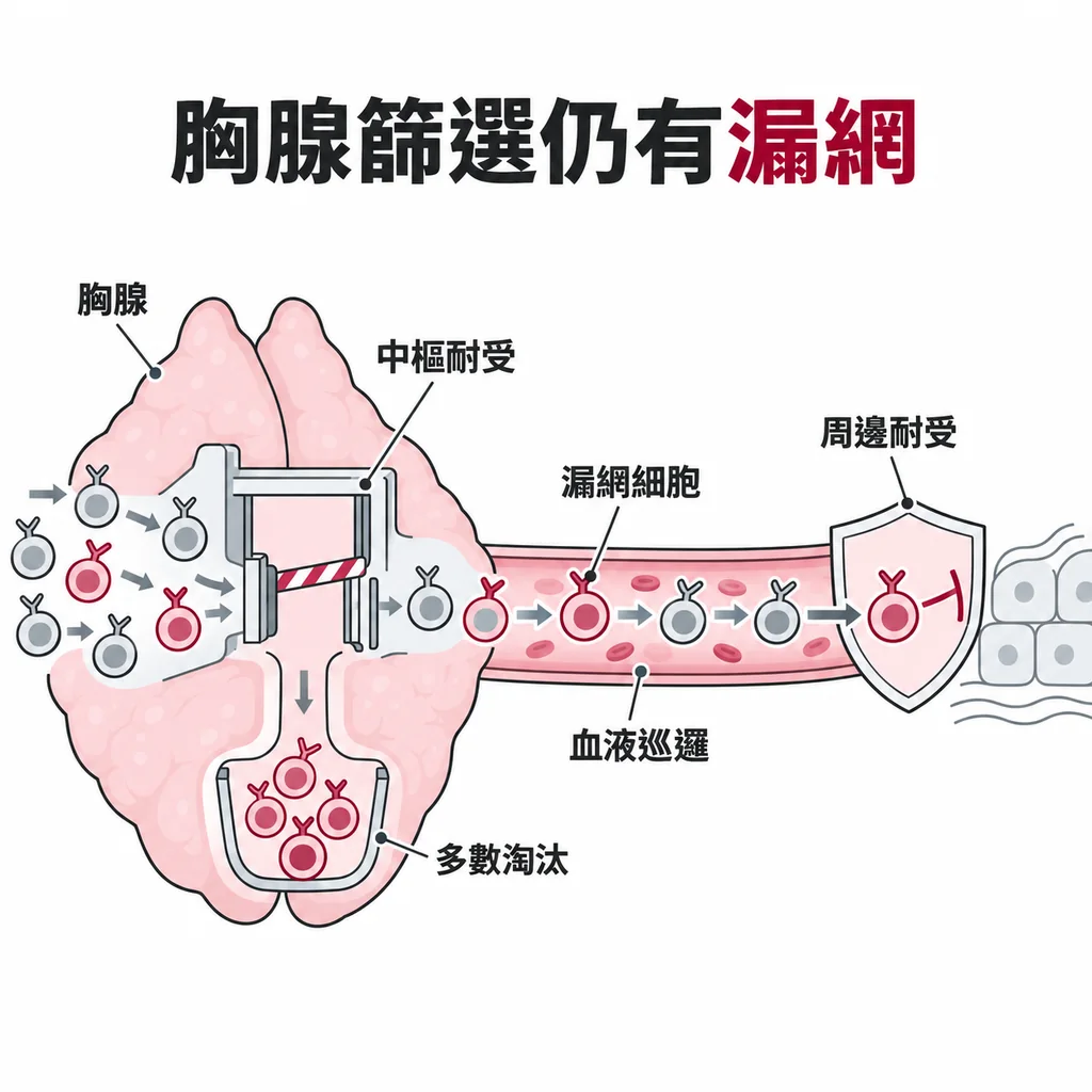 胸腺像品管線淘汰大多數攻擊自身的 T 細胞,但仍有漏網者進入血液,需靠周邊耐受這第二道防線