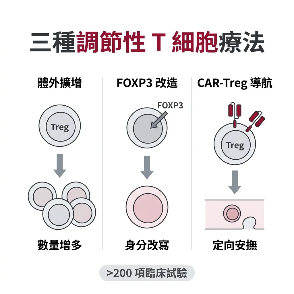 超過 200 項試驗測試三種調節性 T 細胞療法:取出擴增再輸回、送入 FOXP3 基因改造、裝上導航接收器的 CAR-Treg