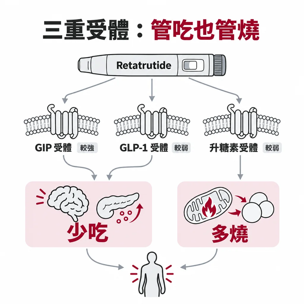 Retatrutide 同時接上 GIP、GLP-1 和升糖素三種受體，前兩路管吃進來多少，升糖素這一路管燒掉多少