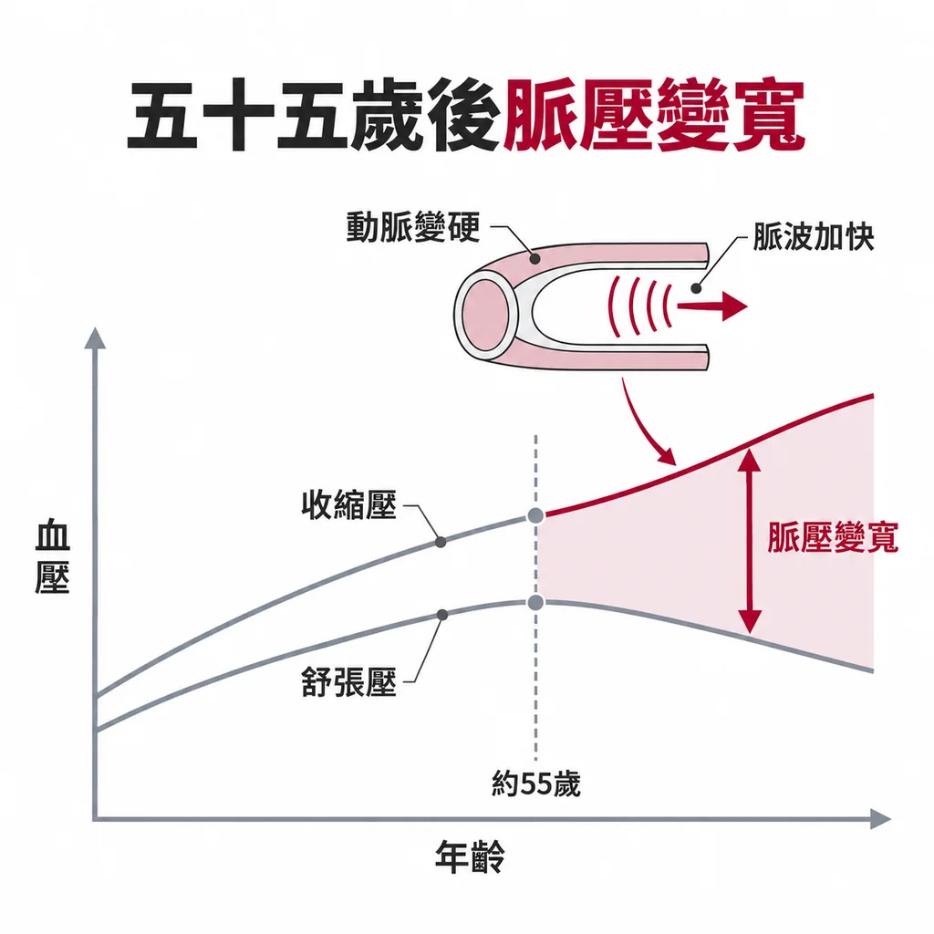 收縮壓與舒張壓兩條線隨年齡一起上升,約55歲後分岔,收縮壓繼續爬升而舒張壓下降,脈壓一年比一年寬