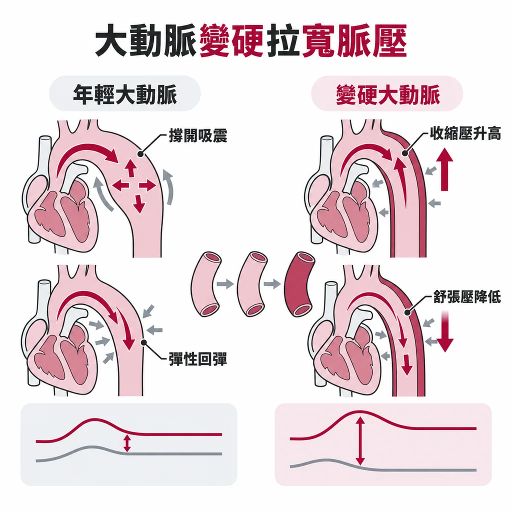 大動脈像避震器:年輕血管撐開吸收衝擊再回彈,變硬後收縮壓衝高、舒張壓掉低,兩個數字被拉開成寬脈壓