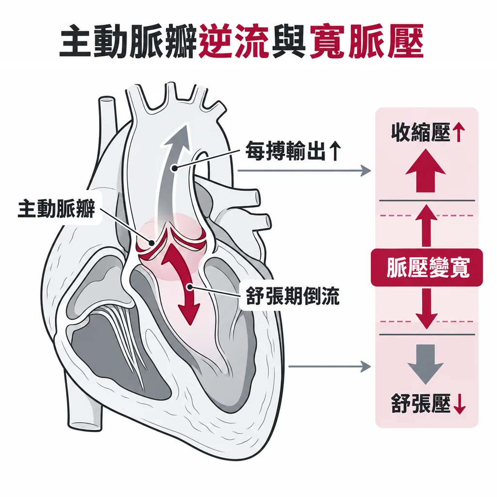 主動脈瓣關不緊,心臟放鬆時血液倒流回心臟,下一下送出的血變多推高收縮壓,舒張壓快速下降而脈壓變寬