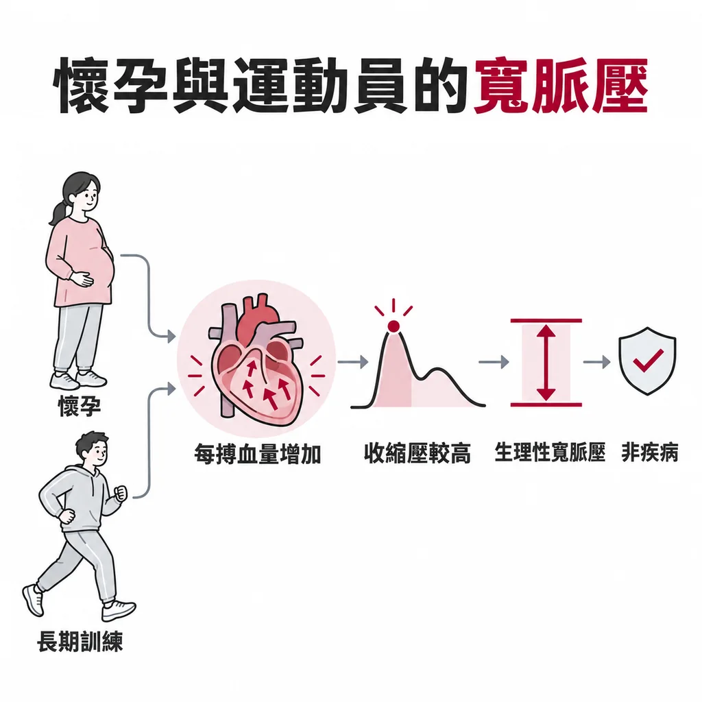懷孕女性與長期訓練的運動員,心臟每一下擠出的血比較多,收縮壓頂得較高,屬於生理性寬脈壓而非疾病
