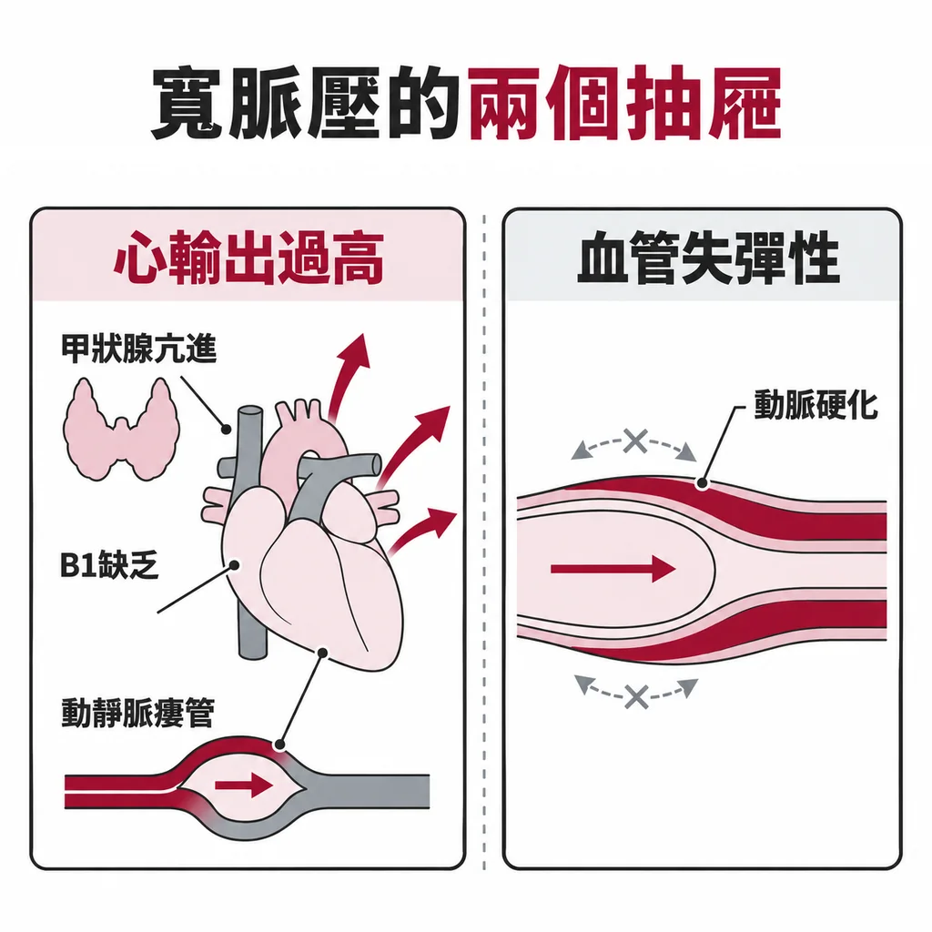 寬脈壓疾病分兩個抽屜:甲狀腺亢進、維生素B1缺乏、動靜脈瘻管屬心臟輸出太多,動脈硬化屬血管失去彈性回彈